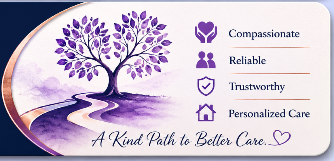 Illustration of a tree with a winding path, symbolizing the Kind Path philosophy of care